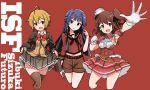  3girls ahoge armpit_cutout armpits beige_cardigan black_neckwear blazer blue_eyes brown_eyes brown_hair brown_jacket brown_legwear brown_sailor_collar brown_shirt brown_shorts brown_skirt cardigan character_name cosplay dress frilled_dress frilled_skirt frills giuseppe_garibaldi_(kantai_collection) giuseppe_garibaldi_(kantai_collection)_(cosplay) gloves hat ibuki_tsubasa idolmaster idolmaster_million_live! jacket kantai_collection kasuga_mirai lifted_by_self long_hair long_sleeves looking_at_viewer mini_hat mogami_(kantai_collection) mogami_(kantai_collection)_(cosplay) mogami_shizuka multiple_girls namesake navel neckerchief one_side_up open_mouth pleated_skirt red_background red_dress red_eyes remodel_(kantai_collection) sailor_collar school_uniform serafuku shirt short_hair shorts skirt skirt_lift suzuya_(kantai_collection) suzuya_(kantai_collection)_(cosplay) thighhighs tun white_gloves white_headwear 