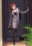  1girl bag bangs black_shirt blazer blush brown_eyes brown_hair commentary_request door doorway formal grey_blazer grin hand_on_wall handbag high_heels highres indoors jacket kusunokinawate long_hair looking_at_viewer office_lady original pantyhose pencil_skirt plant shirt shoes skirt smile standing suit taking_off 