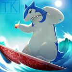  1:1 beverage digital_media_(artwork) fan_(disambiguation) glass hi_res nintendo pok&eacute;mon pok&eacute;mon_(species) sea solo surfboard surfing takeo_(artist) typhlosion video_games water 