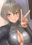  1girl blush breasts cleavage cleavage_cutout closed_mouth eyebrows_visible_through_hair front_zipper_swimsuit grey_eyes grey_hair highres kilye_4421 large_breasts long_sleeves looking_at_viewer meme_attire one-piece_swimsuit original short_hair smile swimsuit upper_body v 