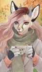  antelope anthro bovid brown_eyes canid canine cheek_tuft clothed clothing cup facial_tuft female fennec fingerpads fox fully_clothed gazelle hair horn hybrid inner_ear_fluff jacket leaf long_hair looking_at_viewer mammal nekoart open_mouth pink_hair pink_nose scarf sharp_teeth solo tea_cup teeth topwear tuft whiskers 