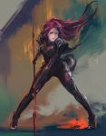  1girl bodysuit breasts fate/grand_order fate_(series) gae_bolg graphite_(medium) hayaken highres holding holding_weapon legs_apart leotard lipstick long_hair looking_at_viewer makeup pauldrons polearm purple_bodysuit purple_hair purple_leotard red_eyes scathach_(fate)_(all) scathach_(fate/grand_order) shoulder_armor signature solo spear traditional_media weapon wind wind_lift 