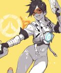  1girl bomber_jacket breasts brown_hair covered_navel cowboy_shot dual_wielding finger_on_trigger goggles grin gun handgun harness holding holding_gun holding_weapon jacket lino_chang logo looking_at_viewer medium_breasts multiple_monochrome overwatch overwatch_2 pants pistol short_hair simple_background sketch smile solo spiked_hair tight tight_pants tracer_(overwatch) weapon yellow_background 