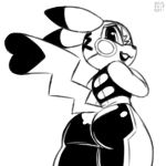  1:1 2019 anthro butt clothing cosplay_pikachu_(costume) looking_at_viewer looking_back monochrome nintendo pikachu pikachu_libre pok&eacute;mon pok&eacute;mon_(species) presenting presenting_hindquarters rear_view signature video_games xylas 