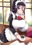  1girl absurdres apron black_hair bow breasts coffee day finger_to_mouth hair_between_eyes highres juliet_sleeves large_breasts leaning_forward long_sleeves maid maid_apron maid_headdress medium_hair original paper puffy_sleeves purple_eyes red_bow restaurant tea_texiamato tray window 