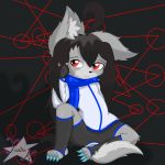  1:1 2019 4_toes absurd_res ahoge anthro big_claws black_hair blue_scarf canid canine canis claws clothed clothing cub digital_media_(artwork) fenrir_(yashak) fingerless_gloves fluffy fluffy_tail freckles fur gloves grey_body grey_fur hair handwear happy hi_res inner_ear_fluff long_hair male mammal multicolored_body multicolored_fur pawpads red_eyes sitting small_claws smile solo spread_legs spreading teal_claws toes tuft two_tone_body two_tone_fur watermark wolf yashak_(artist) young 