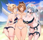  3girls ass atelier_(series) atelier_ryza back bangs bare_shoulders beach bikini black_bikini blonde_hair blush bow braid breasts brown_bow brown_hair choker closed_mouth darkmaya eyebrows_visible_through_hair fingernails fur hair_ornament hair_over_one_eye hairclip halterneck jewelry klaudia_valentz large_breasts lila_decyrus long_hair looking_at_viewer medium_breasts multiple_girls navel necklace o-ring o-ring_bottom one_eye_closed open_mouth palm_tree parted_lips red_bow reisalin_stout sand sharp_fingernails shore short_hair sideboob silver_hair single_braid sky smile star star_necklace strapless strapless_bikini swimsuit thigh_strap thighs translation_request tree water white_bow 