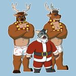  1:1 2019 absurd_res anthro antlers beard bell belly blue_background boots bottomwear boxers_(clothing) brown_hair candy candy_cane capreoline cervid chenpoes_(artist) christmas clothed clothing crossed_arms eyewear facial_hair food footwear goatee group hair harness hi_res holidays horn jingle_bell jingle_bell_harness male mammal navel pants reindeer santa_claus santa_suit simple_background slightly_chubby standing suid suina sunglasses sus_(pig) topless tusks underwear wild_boar 
