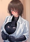  1girl bangs black_gloves blush bodysuit breasts brown_hair closed_mouth collared_shirt eyebrows_visible_through_hair eyes_visible_through_hair gimp_suit gloves hair_over_one_eye highres kilye_4421 large_breasts latex_bodysuit long_sleeves looking_at_viewer original shirt short_hair upper_body white_shirt 