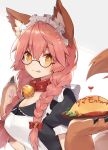  1girl alternate_hairstyle animal_ear_fluff animal_ears apron bell bell_collar blush breasts cat_paws cleavage closed_mouth collar commentary commentary_request eyebrows_visible_through_hair fate/grand_order fate_(series) food fox_ears fox_girl fox_tail glasses gloves jingle_bell ketchup large_breasts looking_at_viewer looking_to_the_side maid_headdress muryotaro omelet paw_gloves paws pink_hair plate simple_background solo tail tamamo_(fate)_(all) tamamo_cat_(fate) tongue twintails white_background yellow_eyes 