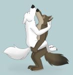  anthro anthro_on_anthro black_nose blue_background brown_body brown_fur canid canine canis carrying chest_tuft claws disney eyes_closed fluffy fluffy_tail fur gary_(zootopia) hi_res inner_ear_fluff larry_(zootopia) mammal nude sex simple_background skunkbutt_(artist) standing toe_claws tuft white_body white_fur wolf zootopia 