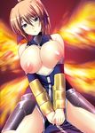  breasts brown_hair cleavage huge_breasts kuronezumi long_hair lyrical_nanoha mahou_shoujo_lyrical_nanoha_strikers nipples open_clothes open_shirt ponytail shirt signum sleeveless solo topless unison 