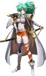  absurdres angelina_(langrisser) asymmetrical_clothes asymmetrical_footwear cape detached_sleeves green_hair hand_on_hip headpiece highres holding holding_sword holding_weapon langrisser langrisser_iv leotard long_hair looking_at_viewer mismatched_legwear official_art pauldrons ponytail red_eyes sheath sheathed smile standing sword thighhighs transparent_background weapon 