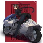 1girl absurdres ass bent_over biker_clothes bikesuit brown_eyes brown_hair gloves ground_vehicle highres joanna_(persona_5) looking_at_viewer mask mask_on_head motor_vehicle motorcycle nidhoggn niijima_makoto parted_lips persona persona_5 riding scarf short_hair shoulder_spikes solo spikes tarot 