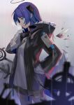  1girl arknights bangs black_jacket black_shorts blue_eyes blue_hair blurry blurry_background blurry_foreground breasts breath cloud cloudy_sky commentary_request curled_horns depth_of_field eyebrows_visible_through_hair gloves halo hood hood_down hooded_jacket horns hua_ye jacket long_sleeves looking_away mostima_(arknights) open_clothes open_jacket outdoors overcast profile rain shirt short_shorts shorts sky small_breasts solo white_gloves white_shirt 