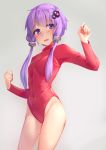  1girl :d alternate_costume bangs bare_hips breasts commentary_request covered_navel cowboy_shot eyebrows_visible_through_hair grey_background hair_ornament highleg highleg_leotard highres kanzen_bouon leotard long_sleeves looking_at_viewer open_mouth purple_eyes red_leotard red_sweater short_hair_with_long_locks sidelocks simple_background smile solo striped sweater thighs turtleneck turtleneck_sweater vertical-striped_leotard vertical_stripes vocaloid voiceroid yuzuki_yukari 