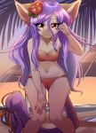  2019 anthro beach braided_hair brown_eyes clothed clothing day detailed_background digital_media_(artwork) dk- domestic_cat felid feline felis female hair hi_res looking_at_viewer mammal outside purple_hair sand seaside shoreline sky smile solo water 