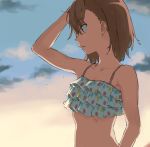  1girl arm_up armpit_peek backlighting bangs bare_arms bare_shoulders bikini_top brown_eyes brown_hair cloud collarbone commentary_request eyebrows_visible_through_hair frilled_bikini_top hair_between_eyes hand_on_own_head looking_away misaka_mikoto multicolored multicolored_polka_dots parted_lips polka_dot polka_dot_bikini_top short_hair sky solo stomach sunset teruya_(6w6y) to_aru_kagaku_no_railgun to_aru_majutsu_no_index upper_body water_drop wet wet_hair white_bikini_top 