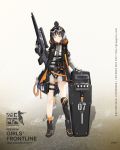  1girl bangs black_footwear black_hair boots braid breasts bullpup caws_(girls_frontline) character_name coat combat_shotgun expressionless eyeshadow german_flag girls_frontline gloves goggles goggles_on_head gun h&amp;k_caws hand_on_shield headset heckler_&amp;_koch highres holding holding_gun holding_weapon holster load_bearing_equipment logo long_sleeves looking_at_viewer makeup name_tag official_art open_clothes open_coat orange_legwear riot_shield rope shin_guards short_hair short_sleeves shotgun side_braid sidelocks single_knee_pad single_shin_guard small_breasts snap-fit_buckle socks solo thigh_holster thigh_strap topknot weapon yellow_eyes 