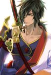  1boy black_hair collarbone hair_over_one_eye isa_(peien516) long_hair long_sleeves low_ponytail male_focus orange_eyes rokurou_rangetsu simple_background solo sword sword_behind_back tales_of_(series) tales_of_berseria weapon white_background 