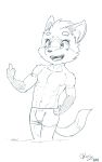 abs black_and_white bulge canid canine clothed clothing fox gesture hi_res line_art male mammal middle_finger monochrome muscular muscular_male pecs sharparadise solo topless young 