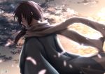  1boy blue_eyes brown_sky cloud funabashimika hair_over_one_eye hakuouki_shinsengumi_kitan highres japanese_clothes long_hair male_focus outdoors petals profile saitou_hajime_(hakuouki) scarf signature solo sunset white_scarf 