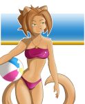  anthro ball beach_ball bikini brown_hair clothing domestic_cat evonallure felid feline felis female fur green_eyes hair kat_vance mammal sequential_art solo swimwear webcomic 