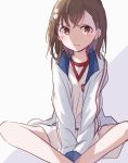  1girl bangs bare_legs blush brown_eyes brown_hair closed_mouth collarbone commentary_request crossed_bangs dot_nose feet_out_of_frame flat_chest flower gym_shirt gym_uniform hair_flower hair_ornament himaneko. indian_style jacket long_sleeves looking_away looking_to_the_side medium_hair misaka_mikoto open_clothes open_jacket oversized_clothes school_uniform shirt shirt_under_jacket simple_background sitting solo striped striped_jacket to_aru_kagaku_no_railgun to_aru_majutsu_no_index tokiwadai_school_uniform track_jacket two-tone_background white_jacket white_shirt 