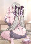  1girl ass azur_lane backless_dress backless_outfit bangs bare_back bare_shoulders barefoot black_nails blush breasts butt_crack commentary_request crystal_shoujo dress eyebrows_visible_through_hair fingers_together formidable_(azur_lane) from_behind grey_hair hair_ribbon halterneck highres large_breasts long_hair looking_at_viewer looking_back meme_attire naked_sweater red_eyes ribbed_sweater ribbon sideboob sitting solo sweater sweater_dress tissue_box turtleneck turtleneck_sweater twintails two-tone_ribbon very_long_hair virgin_killer_sweater wariza 