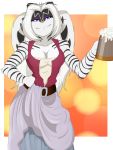  alcohol anthro barmaid beer beverage blue_eyes breasts cleavage clothed clothing evonallure eyeshadow female fur hair makeup mammal mephitid skunk solo white_body white_fur white_hair zig_zag 