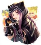  +_+ 1girl black_coat black_gloves blurry blurry_background braid braided_ponytail cropped_torso eating fate/grand_order fate_(series) food gloves highres holding holding_food hood hood_up hooded_coat long_hair medusa_(lancer)_(fate) purple_eyes purple_hair sidelocks simple_background single_braid solo upper_body very_long_hair white_background yatsuka_(846) 