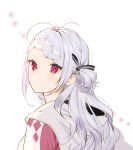  1girl absurdres ahoge blurry braid copyright_request face highres long_hair looking_back misoni_comi pink_eyes silver_hair simple_background solo white_background 