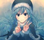  1girl bangs black_capelet black_headwear blue_eyes blue_hair blush capelet closed_mouth double_v fairy_tail floating_hair fur-trimmed_capelet fur-trimmed_hat fur-trimmed_sleeves fur_trim hat highres juvia_lockser long_hair long_sleeves looking_at_viewer smile solo swept_bangs tsurupon upper_body v 