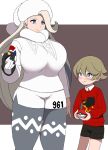  1boy 1girl age_difference bangs blonde_hair blue_eyes blush breasts clothes_writing earrings gloves gym_leader hat highres holding holding_poke_ball jewelry kloah large_breasts lips long_hair long_sleeves meron_(pokemon) pantyhose poke_ball pokemon pokemon_(game) pokemon_swsh red_sweater scarf shorts silver_hair simple_background sweater two-tone_background ultra_ball wavy_mouth white_sweater winter_clothes youngster_(pokemon) 