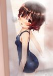  1girl ass bangs blue_swimsuit blush breasts brown_hair gradient_hair indoors kantai_collection multicolored_hair mutsuki_(kantai_collection) one-piece_swimsuit ootori_(kyoya-ohtori) open_mouth orange_eyes red_hair short_hair showering small_breasts solo steam swimsuit tiles twitter_username 