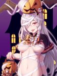  1girl bag bandages bangs black_bow bow braid breasts commentary_request fang g36c_(girls_frontline) girls_frontline hair_ornament hair_over_one_eye halloween hat highres holding holding_bag large_breasts ling_huanxiang long_hair looking_at_viewer navel orange_bow pumpkin pumpkin_hat red_eyes side_braid skull skull_hair_ornament tongue tongue_out upper_body 