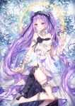  1girl absurdly_long_hair absurdres armlet asymmetrical_clothes bangs barefoot bracelet closed_mouth dress euryale fate/hollow_ataraxia fate_(series) floating_hair frilled_dress frills hairband highres huge_filesize jewelry kity1211_tetsu layered_dress leg_up lolita_hairband long_hair purple_eyes purple_hair shiny shiny_hair sleeveless sleeveless_dress smile solo striped striped_dress thighlet very_long_hair white_dress 