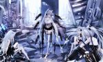  4girls ai_arctic_warfare android animal animal_ear_fluff animal_ears awp_(girls_frontline)_(dyolf) bangs bare_shoulders black_dress black_footwear black_gloves black_skirt blue_eyes bolt_action breasts cat cat_ears cleavage commentary_request day dress dyolf elbow_gloves eyebrows_visible_through_hair girls_frontline gloves glowing glowing_eyes gun headphones highres holding holding_gun holding_sword holding_weapon large_breasts long_hair miniskirt multiple_girls object_namesake original outdoors parted_bangs pleated_skirt rifle ruins shoes silver_hair sitting skirt sniper_rifle standing strapless strapless_dress sword thighhighs twintails very_long_hair weapon white_cat white_footwear white_legwear yellow_eyes 
