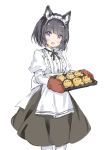  1girl :d animal_ear_fluff animal_ears apron bangs black_hair black_skirt blush breasts center_frills commentary_request eyebrows_visible_through_hair fang frills holding juliet_sleeves long_sleeves maid_headdress open_mouth original oven_mitts pantyhose pleated_skirt puffy_sleeves purple_eyes shirt simple_background skirt small_breasts smile solo waist_apron wataame27 white_apron white_background white_legwear white_shirt 