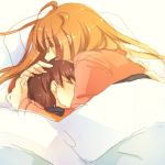 1boy 1girl age_difference bed blanket brown_hair habuha hand_on_another&#039;s_head head_in_chest hug orange_hair original sleeping 