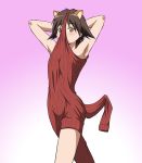  1girl animal_ears armpits arms_behind_head brown_eyes brown_hair commentary_request gradient gradient_background hiro_yoshinaka looking_at_viewer miyafuji_yoshika pink_background ribbed_sweater short_hair simple_background solo strike_witches sweater tail turtleneck_leotard wardrobe_error world_witches_series you&#039;re_doing_it_wrong 