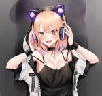  1girl animal_ears bangs black_camisole black_choker blonde_hair breasts camisole cat_ear_headphones cat_ears choker commentary_request eyebrows_visible_through_hair fake_animal_ears fingernails gradient_hair hair_between_eyes hands_on_headphones hands_up headphones highres hood hood_up hooded_jacket jacket medium_breasts multicolored_hair nail_polish open_clothes open_jacket original piripun purple_eyes purple_hair purple_nails solo upper_body white_jacket wristband 