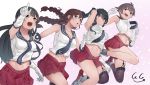  4girls absurdres agano_(kantai_collection) asymmetrical_legwear bangs black_hair black_legwear blue_eyes braid breasts brown_hair cleavage eyebrows_visible_through_hair garter_straps gegeron gloves highres kantai_collection long_hair medium_breasts midriff multiple_girls navel necktie noshiro_(kantai_collection) open_mouth pleated_skirt ponytail purple_eyes purple_hair red_eyes red_skirt sakawa_(kantai_collection) school_uniform serafuku short_hair signature single_thighhigh skirt smile swept_bangs thighhighs twin_braids white_gloves yahagi_(kantai_collection) 