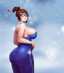  1girl ass bare_shoulders black-framed_eyewear blue_shirt breasts brown_eyes brown_hair commentary covered_nipples curvy english_commentary glasses hair_ornament hair_stick hands_on_own_stomach huge_ass huge_breasts kupocun lips looking_back mei_(overwatch) no_bra nose outdoors overwatch pants purple_pants shirt short_hair sideboob skin_tight snow snowing solo spaghetti_strap tank_top updo yoga_pants 