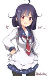  1girl :d ahoge apron black_legwear blue_skirt eyebrows_visible_through_hair hair_flaps hand_on_hips kantai_collection looking_at_viewer low_twintails metindone neckerchief open_mouth pantyhose pleated_skirt purple_hair red_eyes red_neckwear school_uniform serafuku simple_background skirt smile solo taigei_(kantai_collection) twintails twitter_username white_apron white_background 