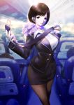  1girl airplane_interior bangs black_eyes black_hair breasts flight_attendant indoors large_breasts looking_at_viewer original pantyhose pencil_skirt scarf seatbelt skirt smile solo_focus standing stewardess swept_bangs uniform 