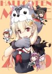  4girls animal_hood background_text black_cape black_headwear black_ribbon black_scarf black_serafuku blonde_hair cape cat_hood chibi commentary_request demon_horns fang fubuki_(kantai_collection) ghost_costume gloves hair_flaps hair_ornament hairclip hat highres hood horns kantai_collection kisaragi_(kantai_collection) long_hair looking_at_viewer minigirl minosu multiple_girls mutsuki_(kantai_collection) neckerchief open_mouth orange_background paw_gloves paws red_eyes red_neckwear remodel_(kantai_collection) ribbon scarf school_uniform serafuku solo_focus staff striped striped_legwear thighhighs two-tone_background upper_body witch_hat wolf_hood yuudachi_(kantai_collection) 