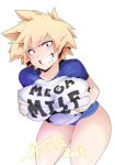  1girl bakugou_mitsuki blonde_hair blush boku_no_hero_academia breasts clothes_writing grabbing_own_breast grin highres hot_vr large_breasts leaning_forward looking_at_viewer mega_milk meme_attire red_eyes short_hair simple_background smile solo white_background 