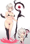  1girl breasts chibi full_body gloves gradient gradient_background hair_over_one_eye kuavera large_breasts navel original parted_lips red_eyes short_hair silver_hair single_glove single_thighhigh solo staff standing thighhighs two-tone_background 