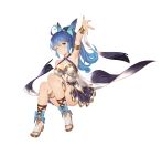  1girl ahoge armpits ass bangs bare_shoulders blue_bow blue_hair bow breasts cleavage commentary_request green_eyes grin hair_ribbon large_breasts long_hair looking_at_viewer one_eye_closed original ponytail ribbon shoe_bow shoes simple_background smile solo white_background yijian_ma 